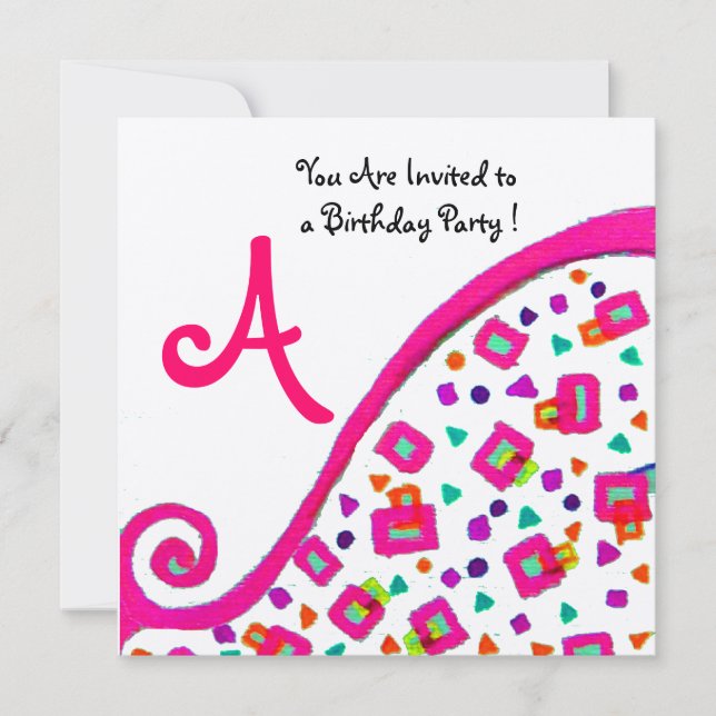 PINK FUCHSIA WHITE ABSTRACT DECO SQUARE MONOGRAM INVITATION (Front)
