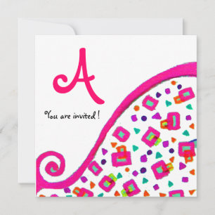 PINK FUCHSIA WHITE ABSTRACT DECO SQUARE MONOGRAM INVITATION