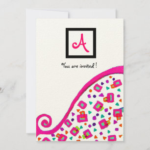 PINK FUCHSIA WHITE ABSTRACT DECO SQUARE MONOGRAM INVITATION