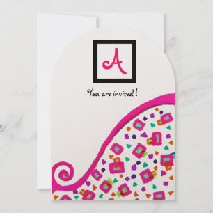 PINK FUCHSIA WHITE ABSTRACT DECO SQUARE MONOGRAM INVITATION