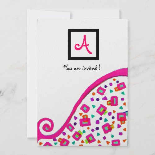 PINK FUCHSIA WHITE ABSTRACT DECO SQUARE MONOGRAM INVITATION