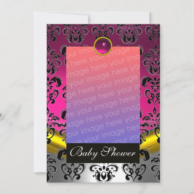 PINK FUCHSIA WHITE DAMASK BABY SHOWER MONOGRAM INVITATION (Front)