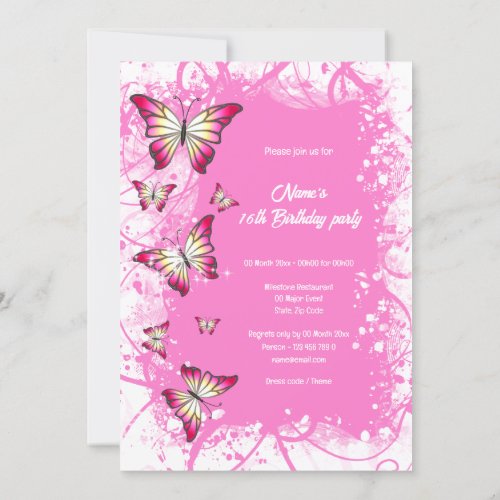 pink fuchsia white watercolor butterfly party  invitation