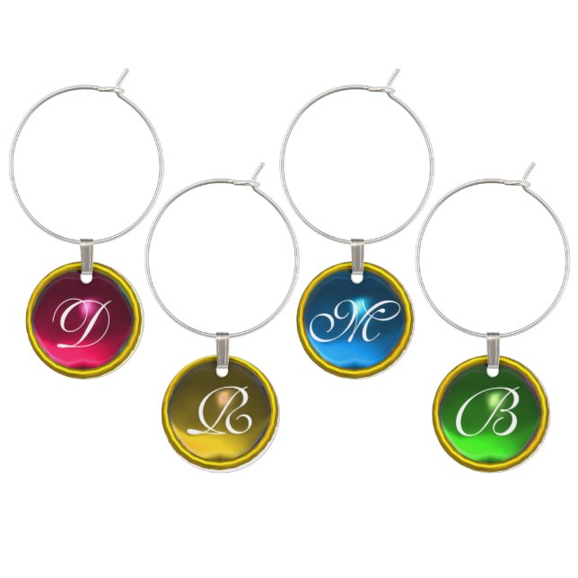 PINK FUCHSIA,YELLOW ,BLUE,GREEN GEMSTONES MONOGRAM WINE CHARM (Staggered)