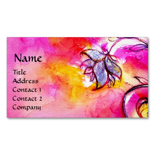 PINK FUCHSIA YELLOW WHIMSICAL FLOWERS MAGNETIC BUSINESS CARD