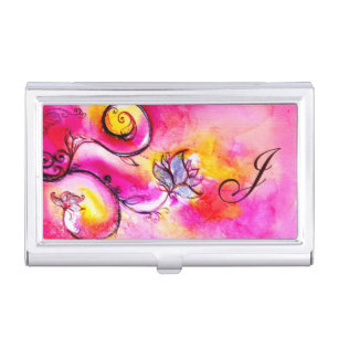 PINK FUCHSIA YELLOW WHIMSICAL FLOWERS MONOGRAM BUSINESS CARD HOLDER