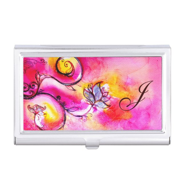 PINK FUCHSIA YELLOW WHIMSICAL FLOWERS MONOGRAM BUSINESS CARD HOLDER (Front)