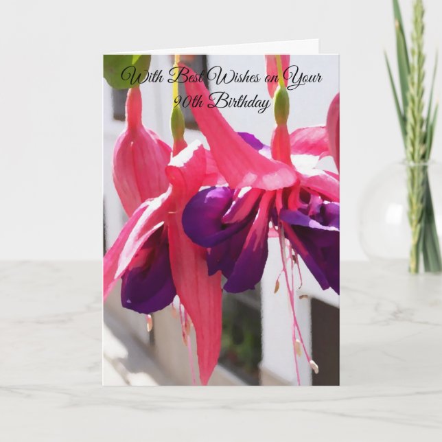 Pink Fuchsias Floral Personalised 90th Birthday Card (Front)