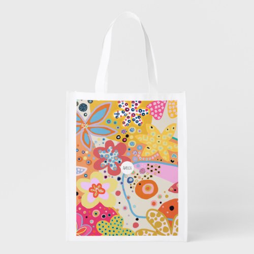 Pink fun colorful floral grocery bag