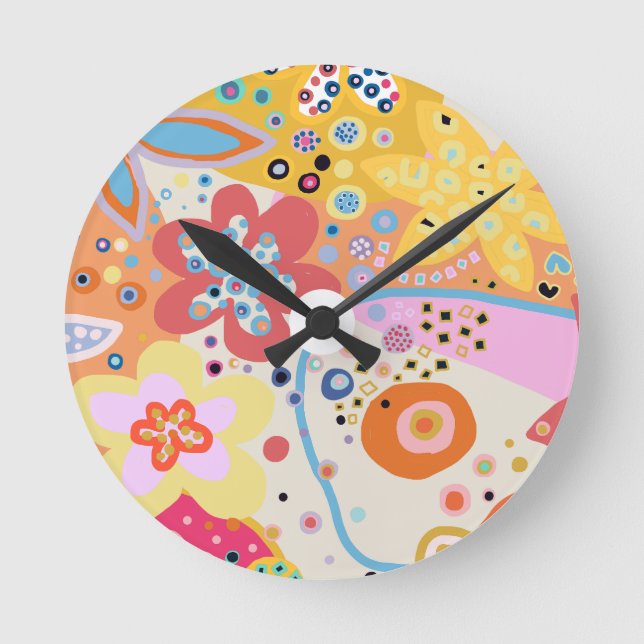 Pink fun colorful floral  round clock (Front)