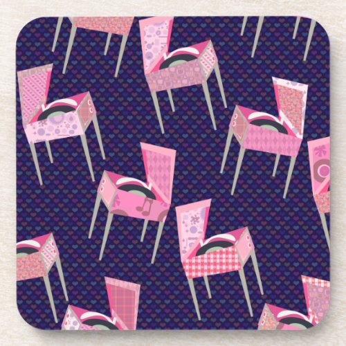 Pink Fun Record Players Art Pattern Fifties Beverage Coaster