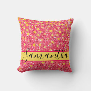 Pink fun sparkling pattern, glittery stars throw pillow
