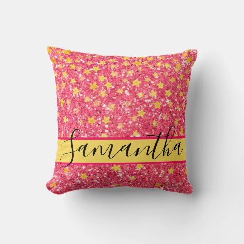 Pink fun sparkling pattern glittery stars  throw pillow