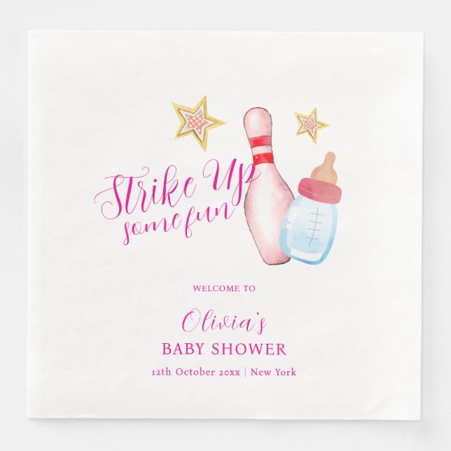 Pink Fun Strike Up Bowling Baby Shower Welcome Paper Dinner Napkins (Front)