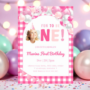 Pink Fun to Be One Photo Girl First Birthday  Invitation