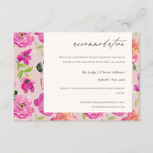 Pink Fun Watercolor Floral Wedding Accommodation Enclosure Card