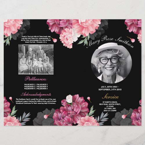 Pink Funeral Order of Service Life Dark Floral Flyer