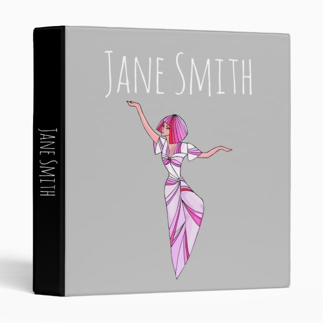 Pink funky dancer girl with pink hair 3 ring binder (Front/Spine)