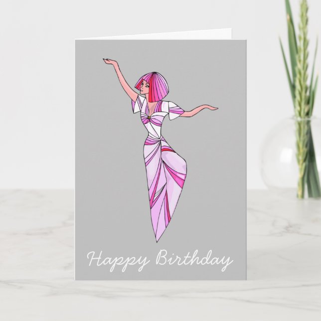 Pink funky dancer girl with pink hair card (Front)
