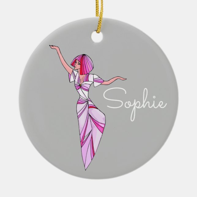 Pink funky dancer girl with pink hair ceramic ornament (Front)