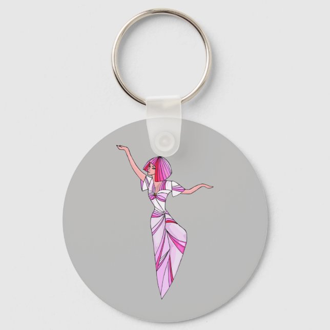 Pink funky dancer girl with pink hair keychain (Front)