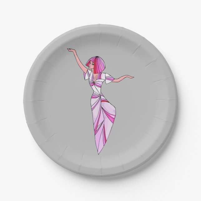Pink funky dancer girl with pink hair paper plates (Front)