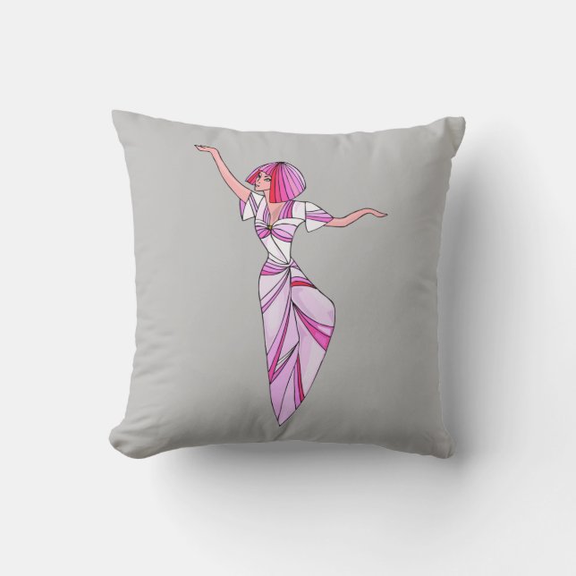Pink funky dancer girl with pink hair throw pillow (Front)