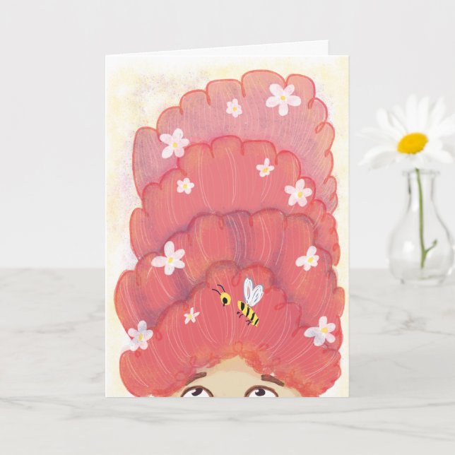 Pink Funny Bee in Your Hair Humorous Joke Birthday Card (Small Plant)