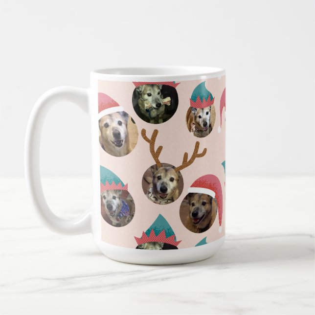 Pink Funny Christmas Hats Dog Photo Collage Coffee Mug (Left)