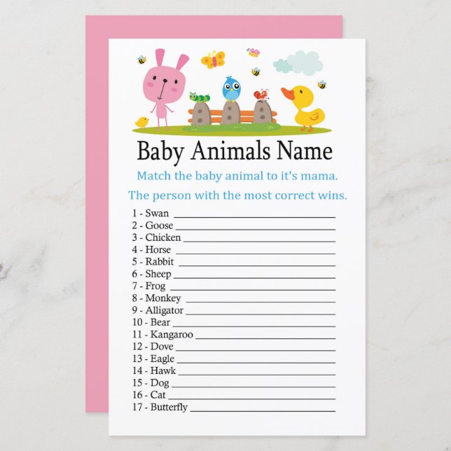 Pink funny rabbit Baby Animals Name Game (Front/Back)