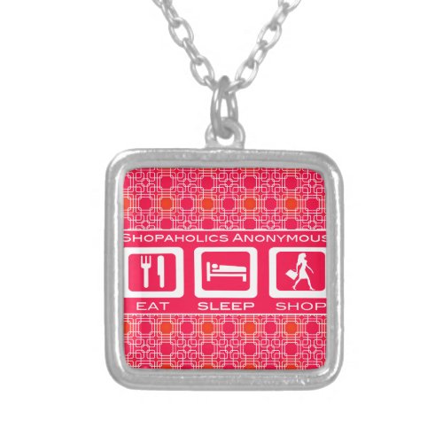 Pink Funny Shopaholic Eat Sleep Shop Award Silver Plated Necklace