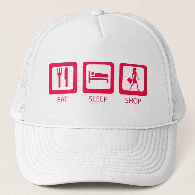 Pink Funny Shopaholic Eat Sleep Shop Award Trucker Hat (Front)