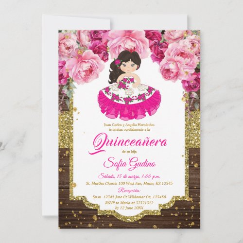 Pink Fuschia Cute Girl Quinceaera Rustic Wood Invitation