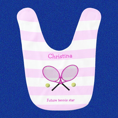 Pink future tennis star personalized striped baby bib