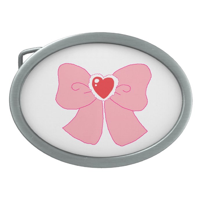 Pink Fuzzy Heart Bow Oval Belt Buckle 