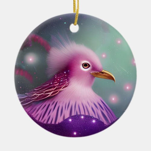 Pink Fuzzy Space Birdy Ceramic Ornament