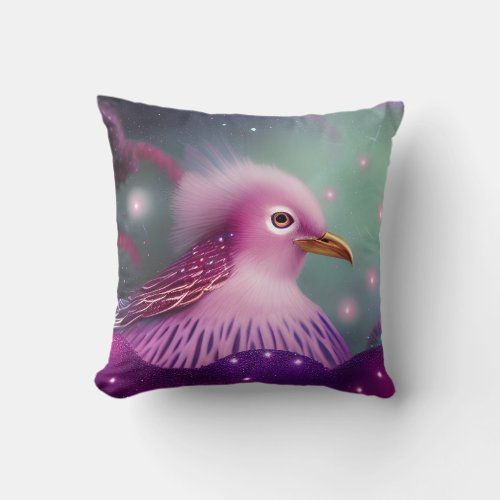 Pink Fuzzy Space Birdy Throw Pillow