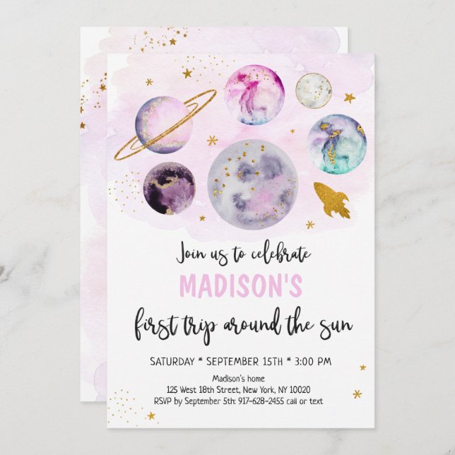 Pink Galaxy First Trip Around The Sun Birthday Invitation (Front/Back)