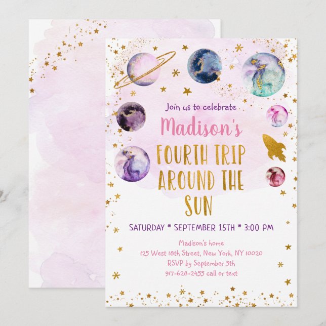Pink Galaxy Fourth Trip Around The Sun Birthday Invitation (Front/Back)
