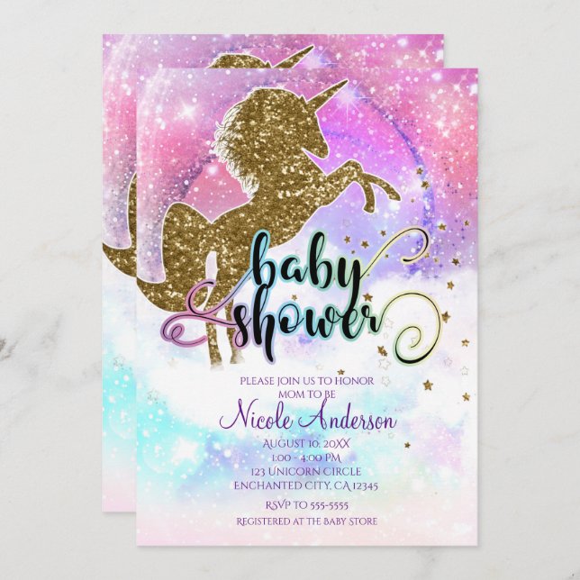 Pink Galaxy Magical Unicorn Sparkle Baby Shower Invitation (Front/Back)