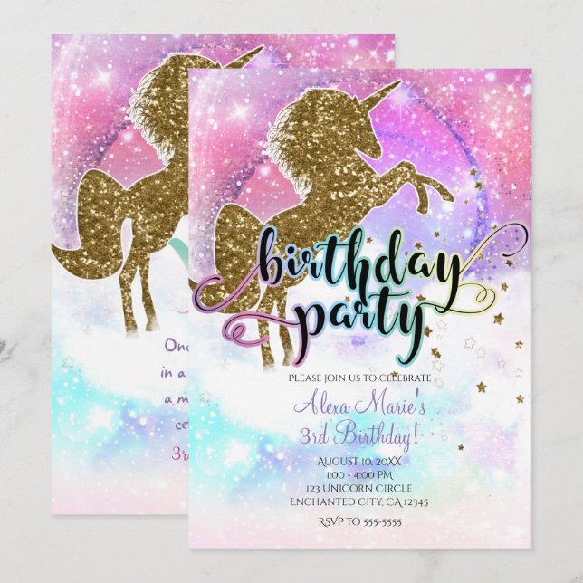 Pink Galaxy Magical Unicorn Sparkle Birthday Party Invitation (Front/Back)