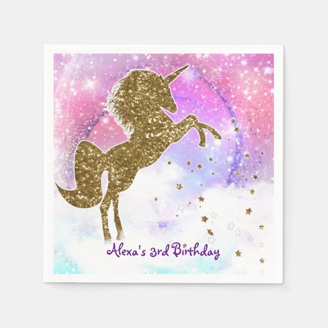 Pink Galaxy Magical Unicorn Sparkle Birthday Party Napkins (Front)