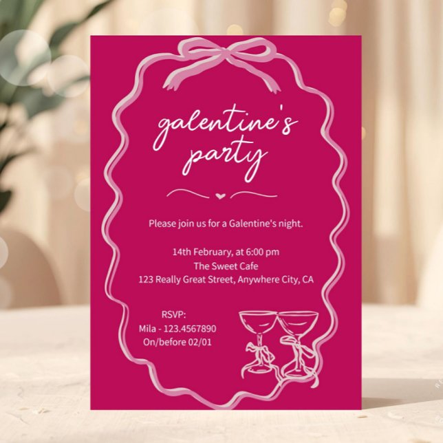 Pink Galentines Girls Night Valentine’s Invitation (Pink Galentine Party Invitation Whilsical Hand Drawn Invite)