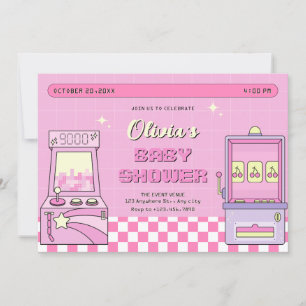 Pink game arcade baby shower invitation