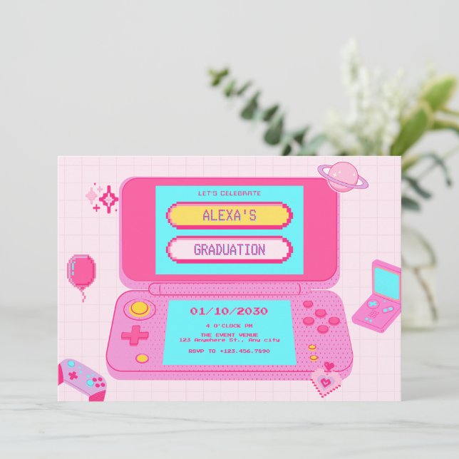 Pink game retro graduation invitation (Standing Front)
