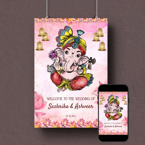 Pink Ganesha lotus Indian wedding welcome sign