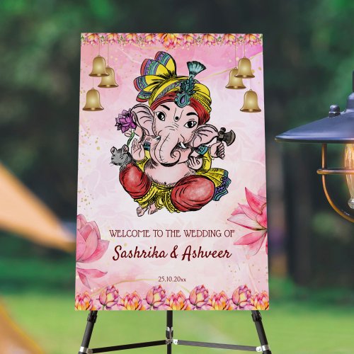 Pink Ganesha lotus Indian wedding welcome sign