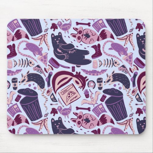 Pink Garbage Animals Eating Junk Food Pattern Mouse Pad