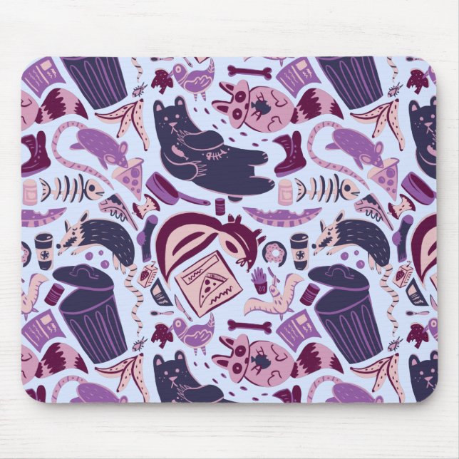 Pink Garbage Animals Eating Junk Food Pattern Mouse Pad (Front)