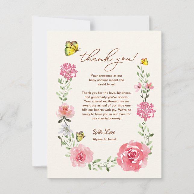 Pink Garden Baby Girl Floral Butterfly Baby Shower Thank You Card (Front)